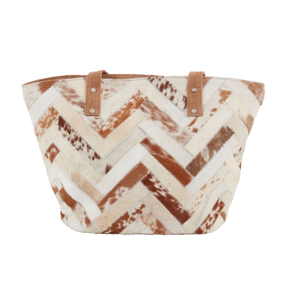 Patchwork Design Hair on hide Leather Suede Tote Handbag bag Brown Cream Shades
